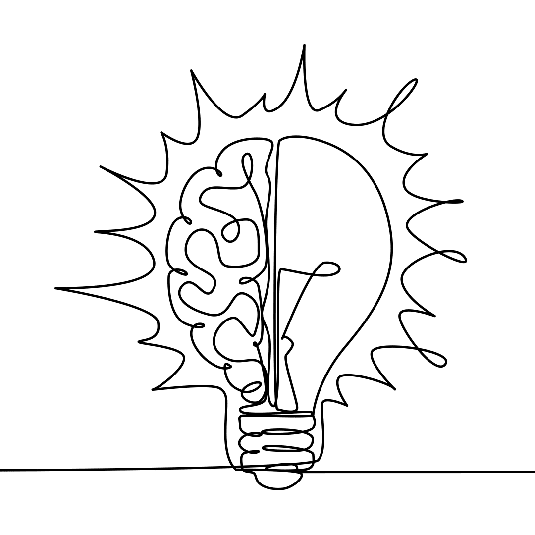 Continuous line drawing showing half a brain and half a lightbulb, all shining brightly. 