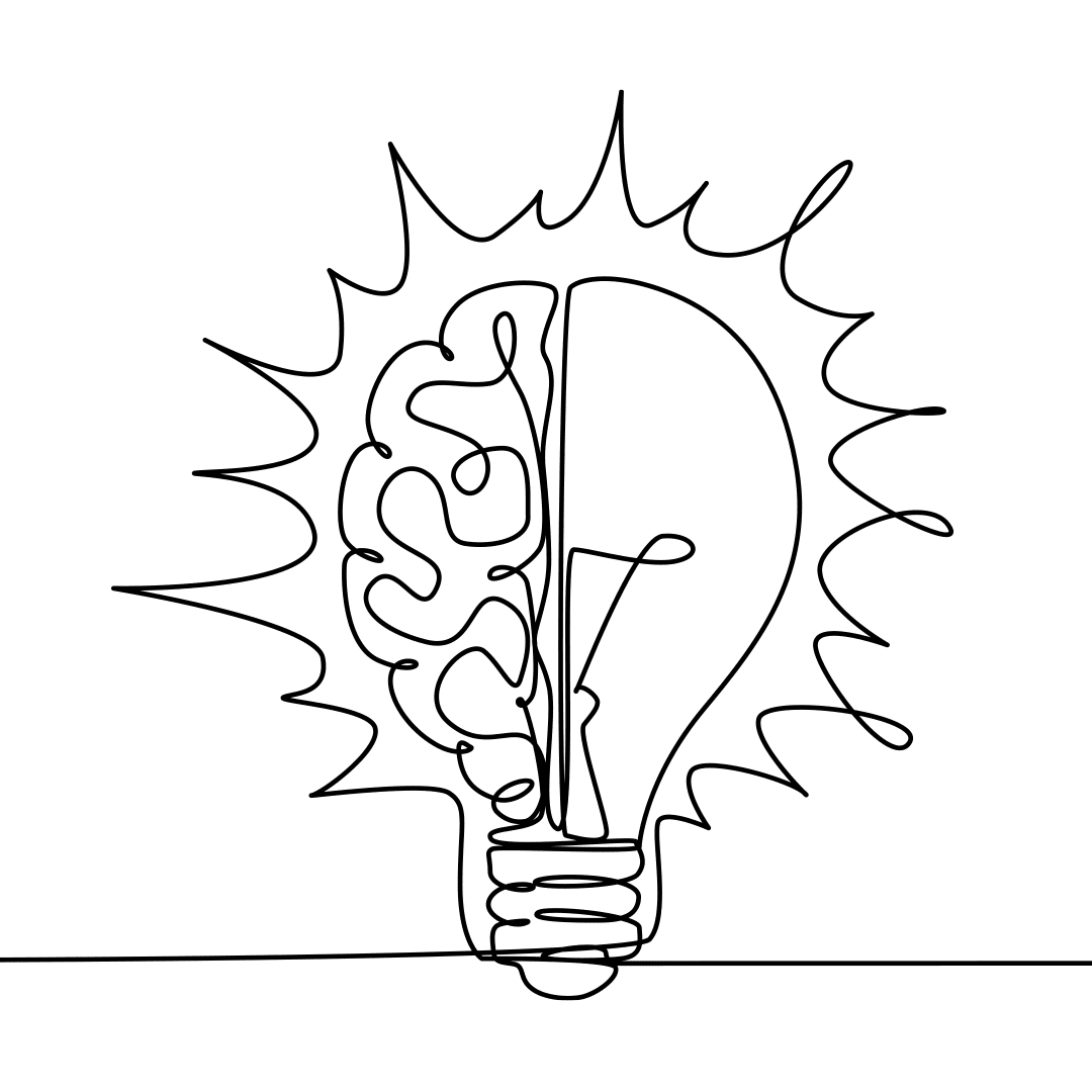 brain-lightbulb Continuous line drawing showing half a brain and half a lightbulb, all shining brightly.