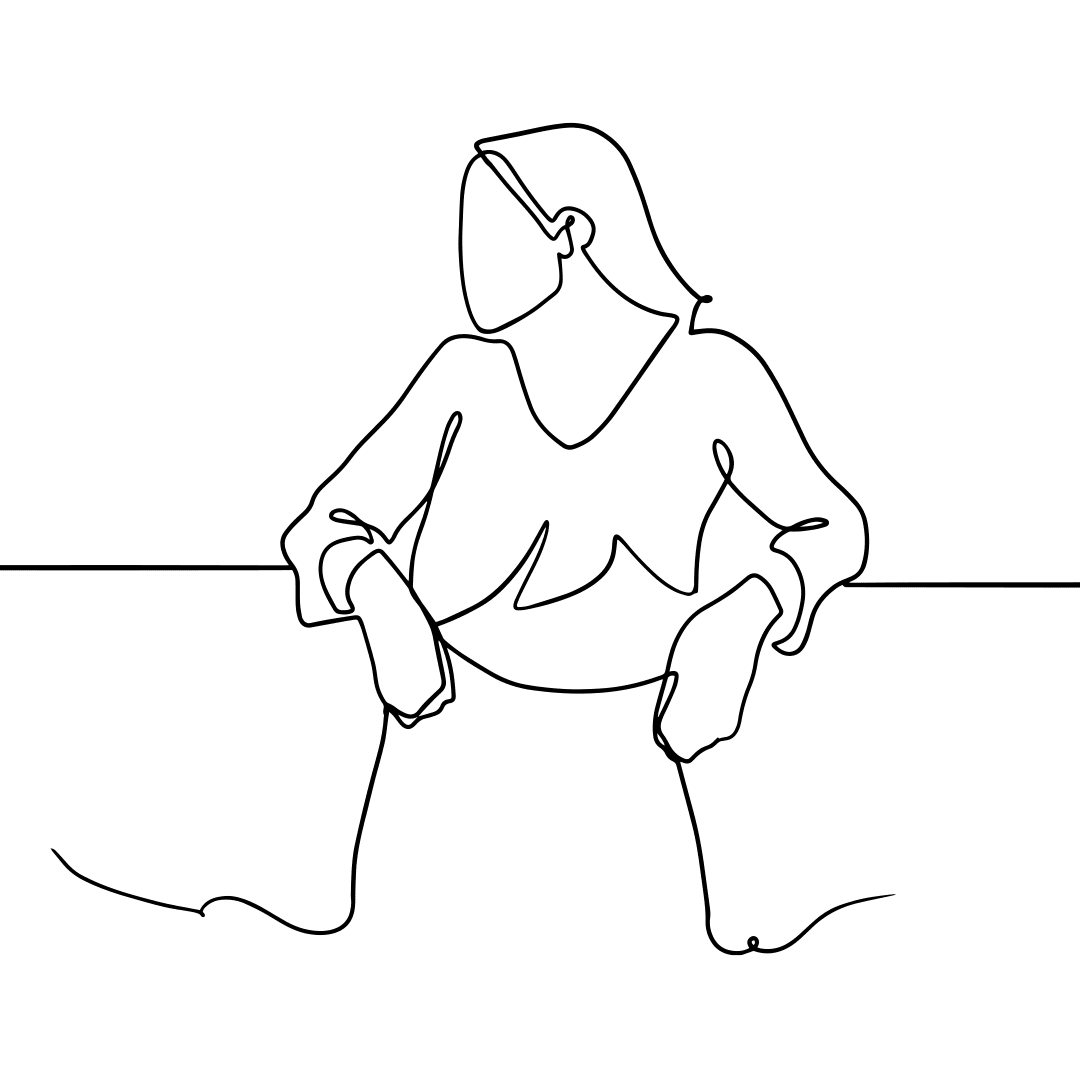 Continuous line drawing of a woman relaxing and leaning back against a counter.