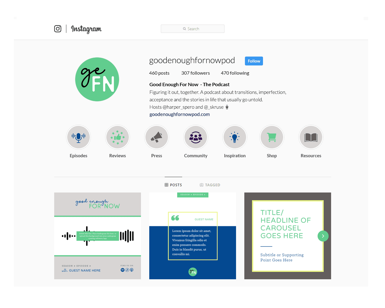 GEFN-instagram Branded social templates and Story highlight covers for Good Enough For Now.